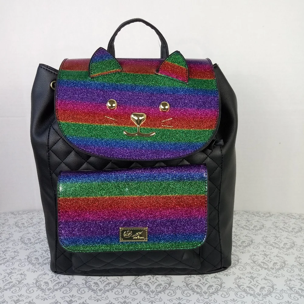 NWT Betsey Johnson Black & Rainbow Cat Backpack